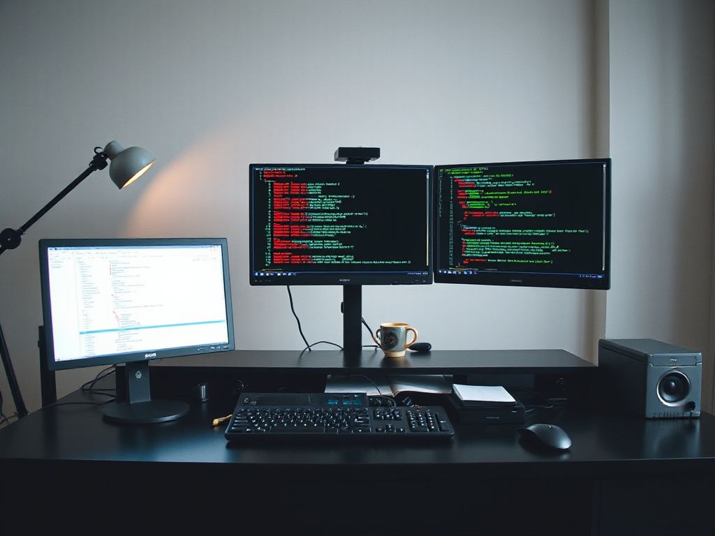 Ein Computer-Schreibtisch mit mehreren Bildschirmen, die Code und System-Überwachungsinformationen anzeigen