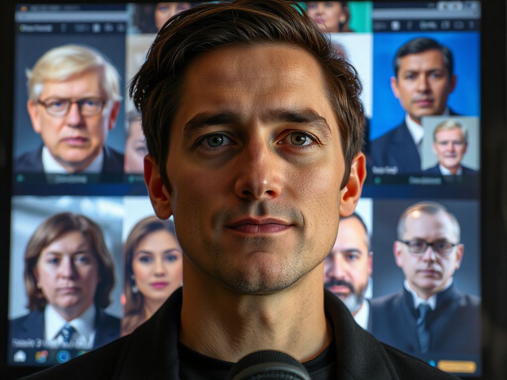 Bild: Mensch vor einem Bildschirm mit realen und künstlich generierten Gesichtern