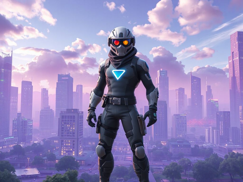 Fortnite-Charakter vor einer futuristischen Stadtlandschaft