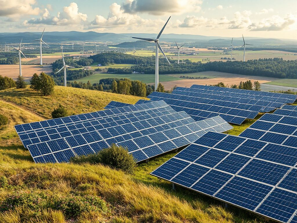 Bild von Solarpanelen und Windturbinen