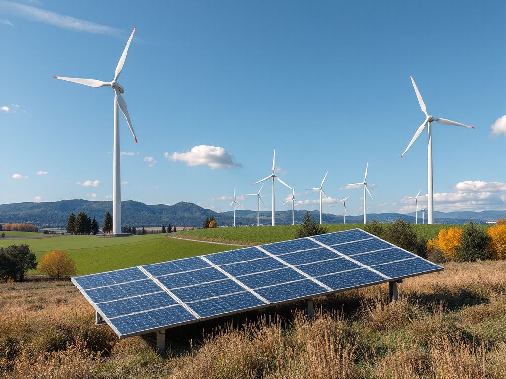 Bild von Solarpaneelen und Windturbinen
