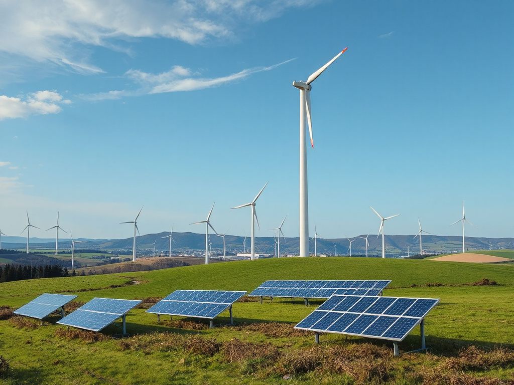 Bild von Windrädern und Solarmodulen in einer europäischen Landschaft