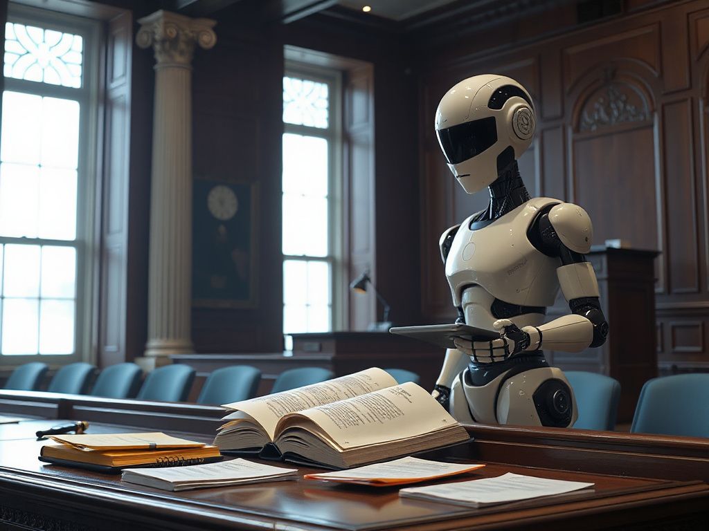 Gerichtssaal mit einem riesigen offenen Buch und einem modernen KI‑Roboter, die gemeinsam das Thema Urheberrechtsstreit zwischen Penguin Random House und OpenAI symbolisieren