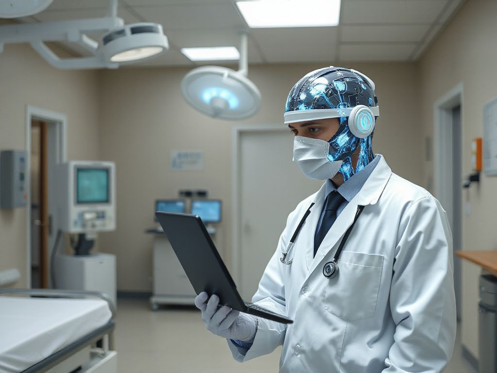 Ärztin mit Tablet und Hintergrund von Windrädern und Solarpaneelen