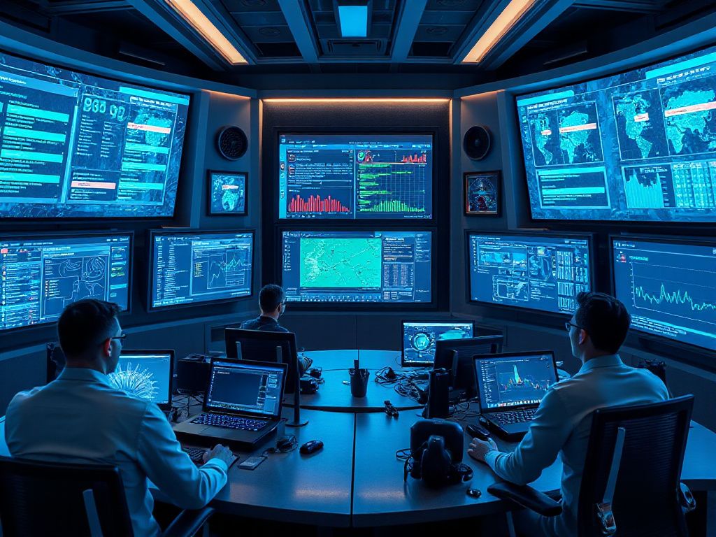 Ein futuristisches Bild von einem Cyber-Sicherheitskontrollraum mit KI-gestützten Bildschirmen