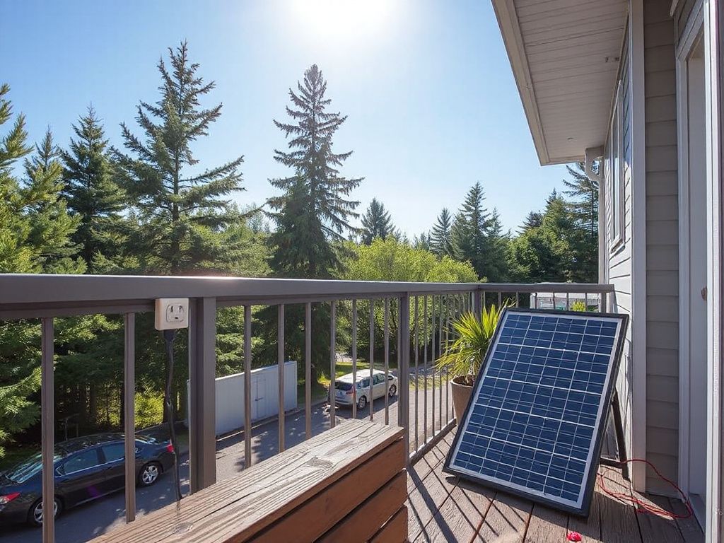 Photorealistisches Bild einer Mietwohnung in Maine mit einem kleinen Plug‑in‑Solarmodul, das an einer Steckdose angeschlossen ist, im sonnigen Umfeld mit Blick auf Kiefern