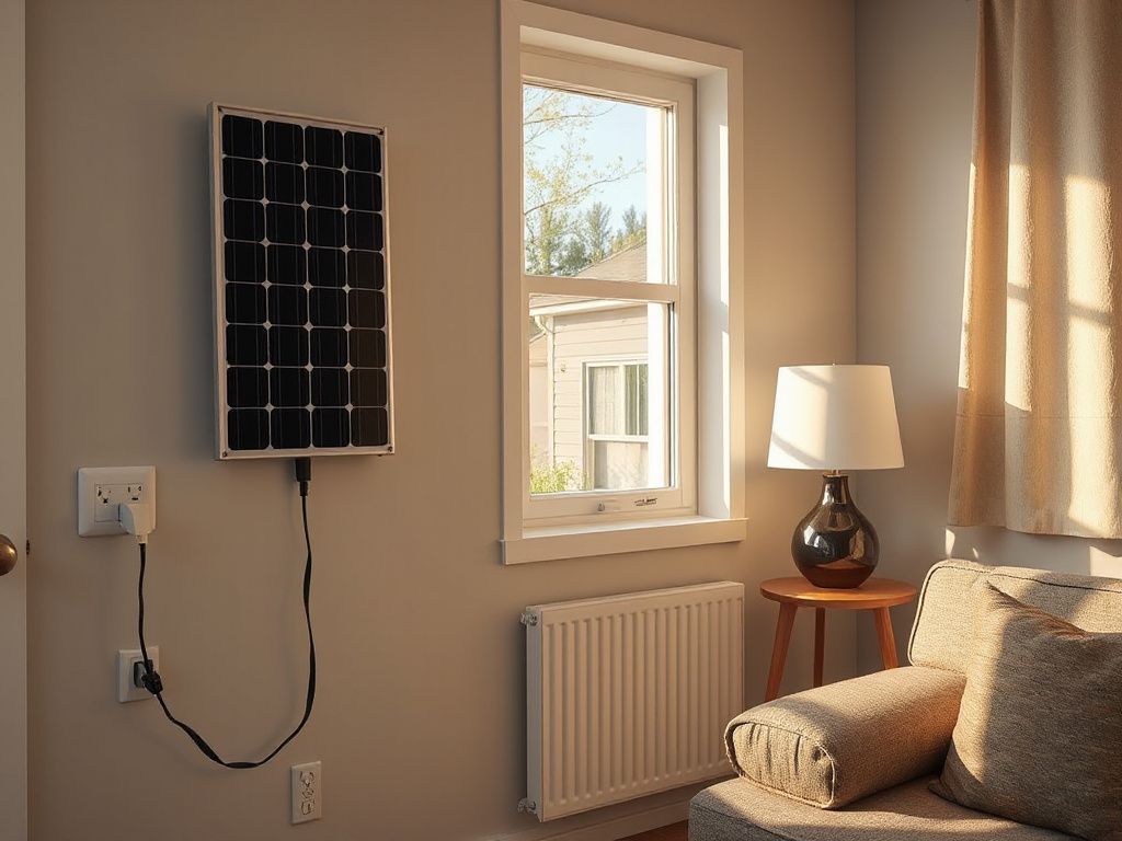 Steckbares Solarmodul, das in einer Mietwohnung in Maine an einer Steckdose angeschlossen ist, mit Sonnenlicht im Hintergrund