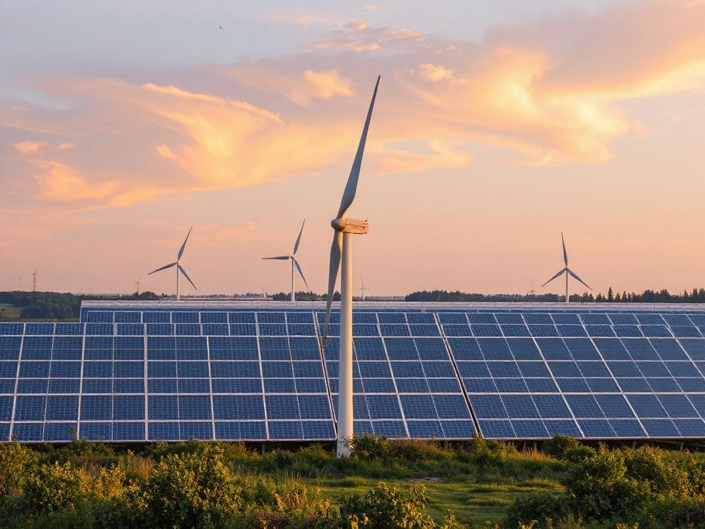 Windkraftanlage und Solarpanele in einer Landschaft