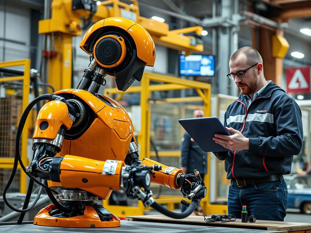 Ein Roboter arbeitet in einer deutschen Fabrik, während ein Ingenieur KI-Software überwacht
