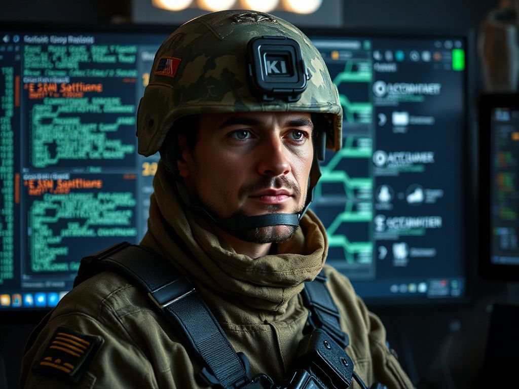 Ein Soldat vor einem Computerbildschirm mit KI-Algorithmen