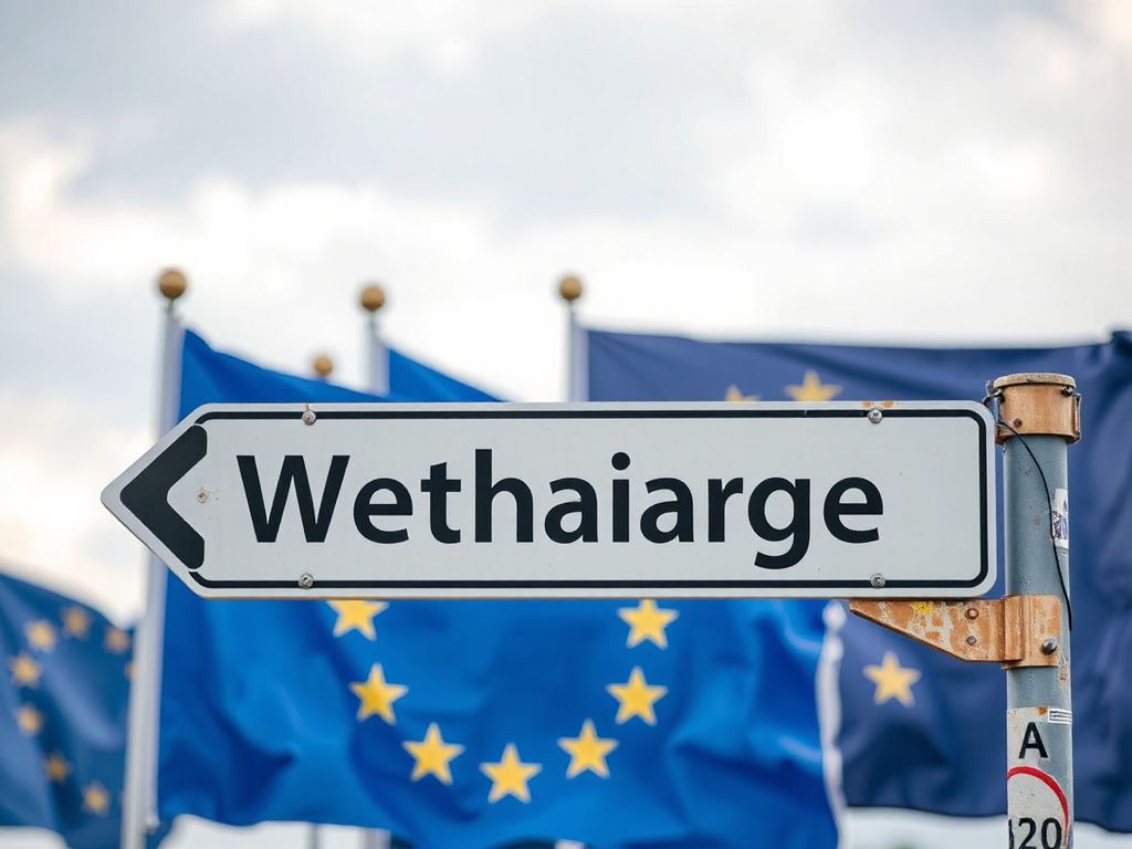Wegweiser mit EU-Flaggen im Hintergrund